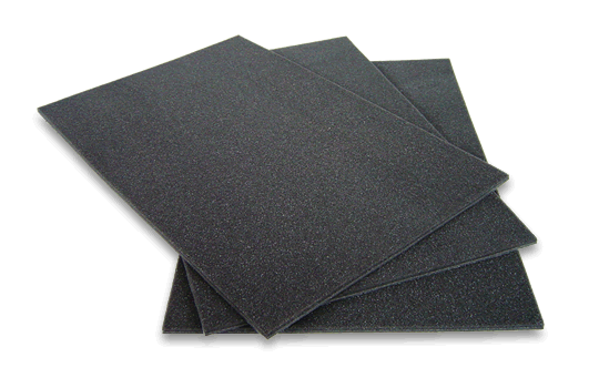 The AcoustiPack SFF - for small form factor cases. A picture of the acoustic materials - 3 sheets are shown, each 4mm thick. The acoustic foam is dark grey in colour, and the thin barrier layer is slightly darker (close to black).