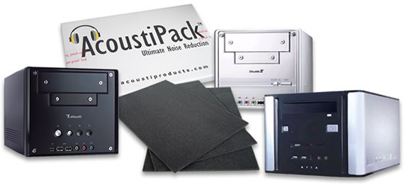 AcoustiPack SFF - designed to quieten down Small Form Factor enclosures. Image shows various popular SFF cases, including those by Shuttle and the Antec Aria with AP SFF materials in the foreground and packaging behind.