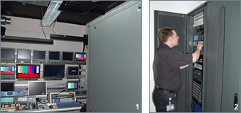 1. Looking into the World Service control room with the AcoustiRACK sound-proof rackmount cabinet in the forefront on the right. 2. Steve Furness, Assistant Project Manager at BBC World Service shown accessing equipment inside one of the AcoustiRACK sound-proof rackmount cabinets.