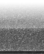 Close-up image of the Acoustic Composite material showing semi-open cellular foam upper layer and the very dense acoustic barrier mass lower layer. The resulting material has a low-reflection and high-absorption acoustic performance. These properties make the material ideal for lining the inside of computer cases, where internal reflection of noise can be minimised and dampened before it is allowed to escape via any air vents or similar openings.
