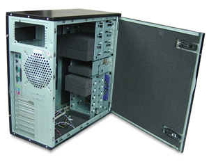 Black AcoustiCase C6607B - Pictured with the case side door open showing the installed dampening kit.