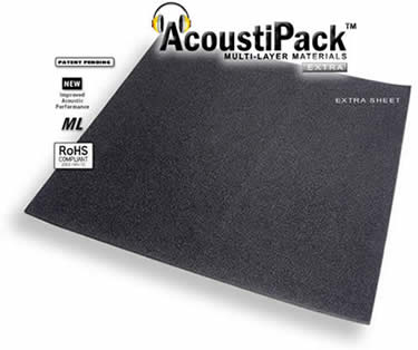 AcoustiPack™ EXTRA Sheet (7mm). Image shows a single black sheet of acoustic materials. Image also contains icons reading: patent pending, new improved acoustic performance, multi-layer and RoHS Compliant.