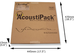 AcoustiPack™ EXTRA kit packaging. Image shows a printed brown cardboard package, with product label, and 'AcoustiPack' logo. The external dimensions are shown.