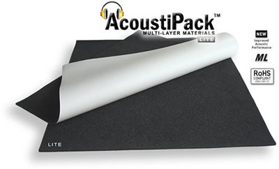 AcoustiPack™ LITE. Image shows the unpacked PC sound-proofing kit, showing 2 thin black sheets of acoustic materials (foam side up). The upper sheet is folded over revealing a white self-adhesive release paper on the underside of the sheet. Image also contains icons reading: new improved acoustic performance, multi-layer and RoHS Compliant.