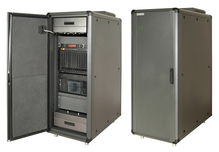 AcoustiRACK ACTIVE - image showing two different views of the 22U data cabinet with soundproofing and integrated Active Noise Control (ANC).  Both images show a dust filter on the roof of the rack cabinet, and the left image shows the front door open to display acoustic materials lining the inside of the door, the upper and lower fan tray units, and installed 19-inch equipment.