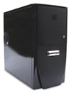 Front view (left offset) of the Antec Sonata II case. The acoustic kit cannot be seen from the outside once installed. The left (opening) case side panel has a gloss black finish, and shows a reflection.
