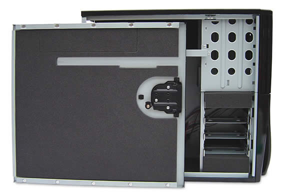 Side-on view of the Antec Sonata II showing the door with dark gray acoustic composite soundproofing material applied.
