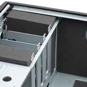 Antec Sonata II Pre-cut AcoustiPack. Image showning installed kit: the floor is lined, and there are foam blocks for unused HDD slots.